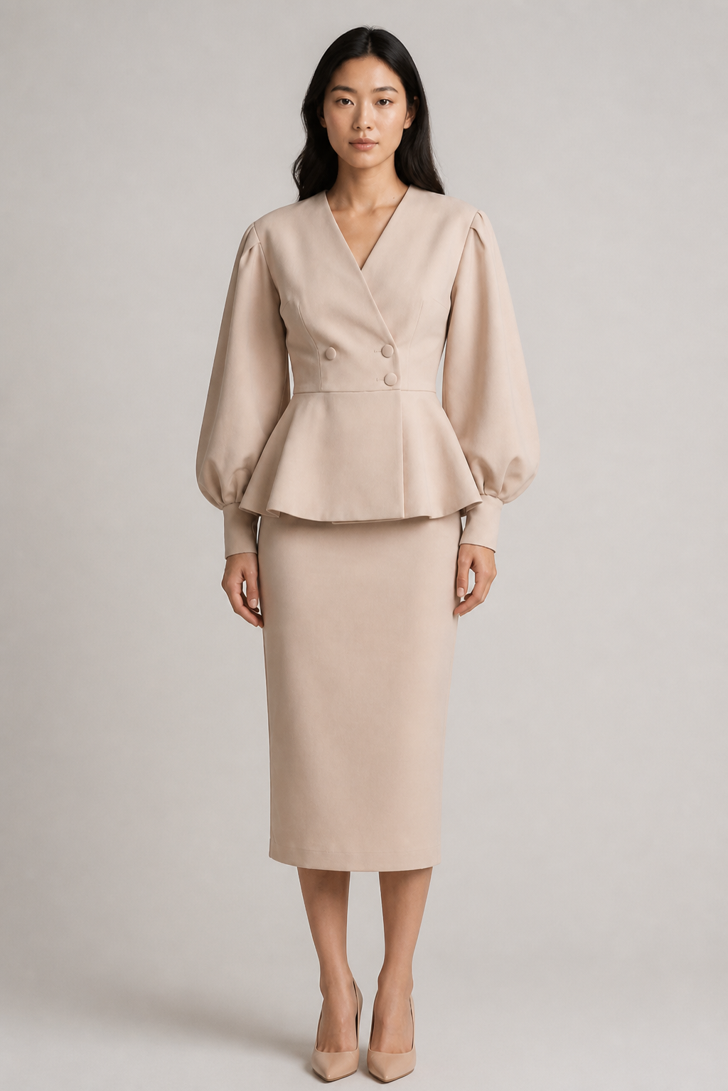 Virellia – Peplum Blazer and Pencil Maxi Skirt Set with Balloon Sleeves