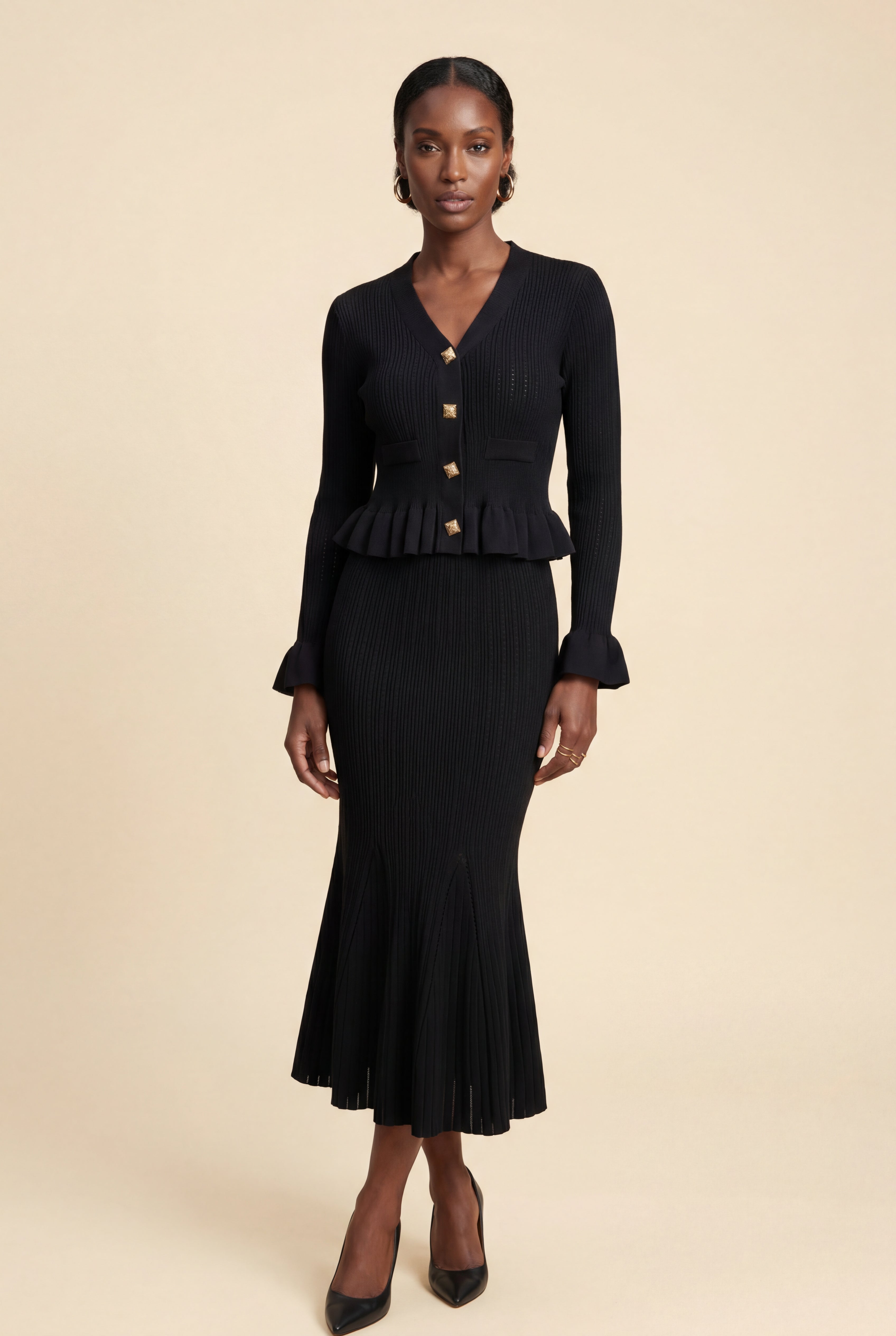 Liorabelle – Ribbed Peplum Cardigan and Fluted Midi Skirt Set