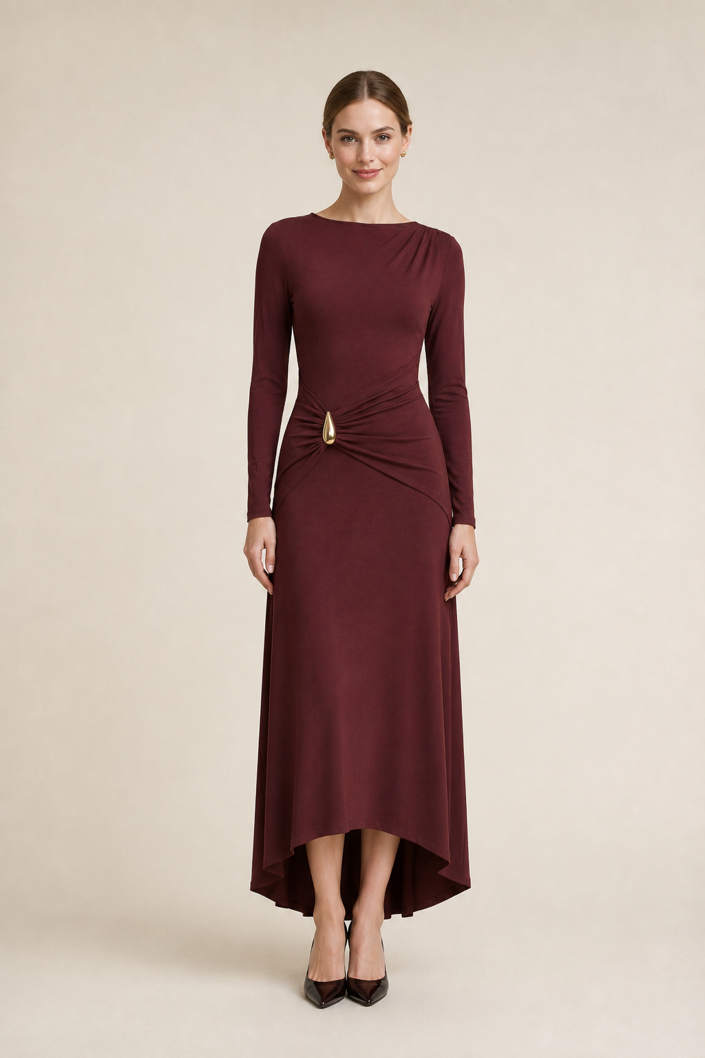 Marivelle – Draped-Waist Maxi Dress with Gold-Tone Detail