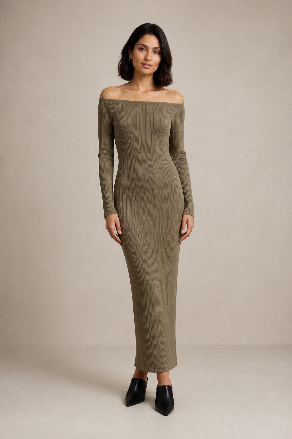 Elowen – Ribbed Off-Shoulder Long-Sleeve Bodycon Maxi Dress