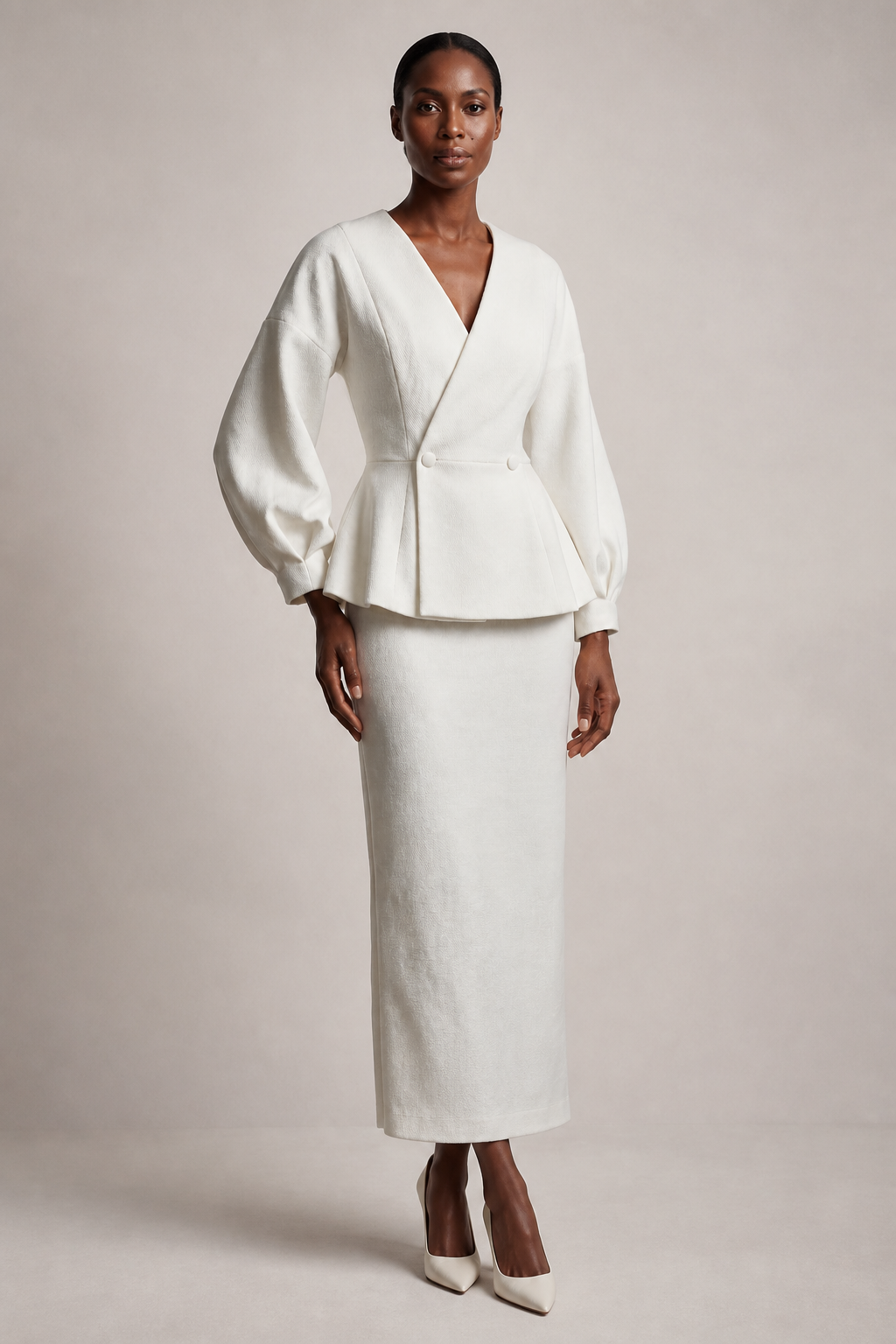 Virellia – Peplum Blazer and Pencil Maxi Skirt Set with Balloon Sleeves