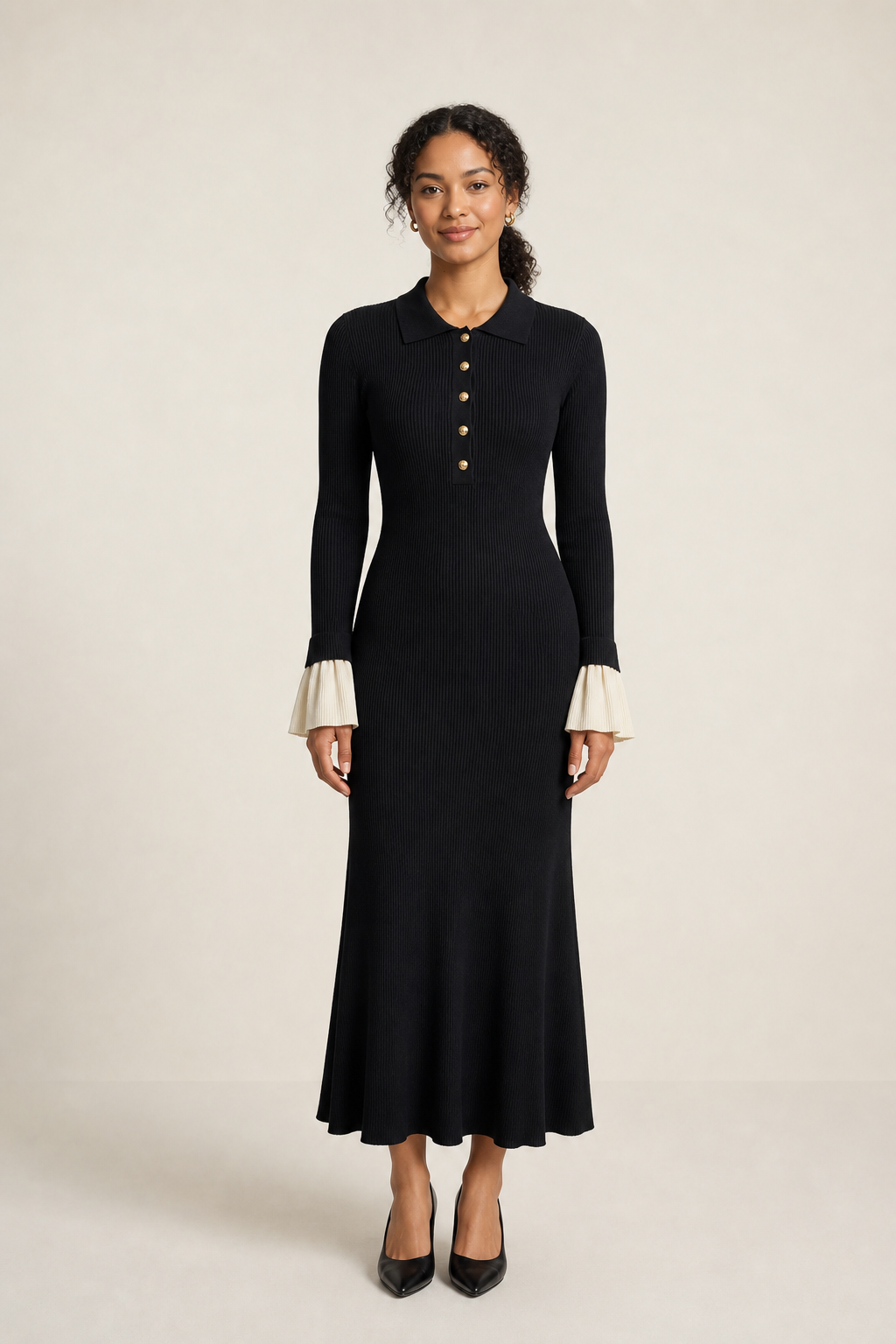 Avelisse – Ribbed Maxi Dress with Statement Contrast Cuffs