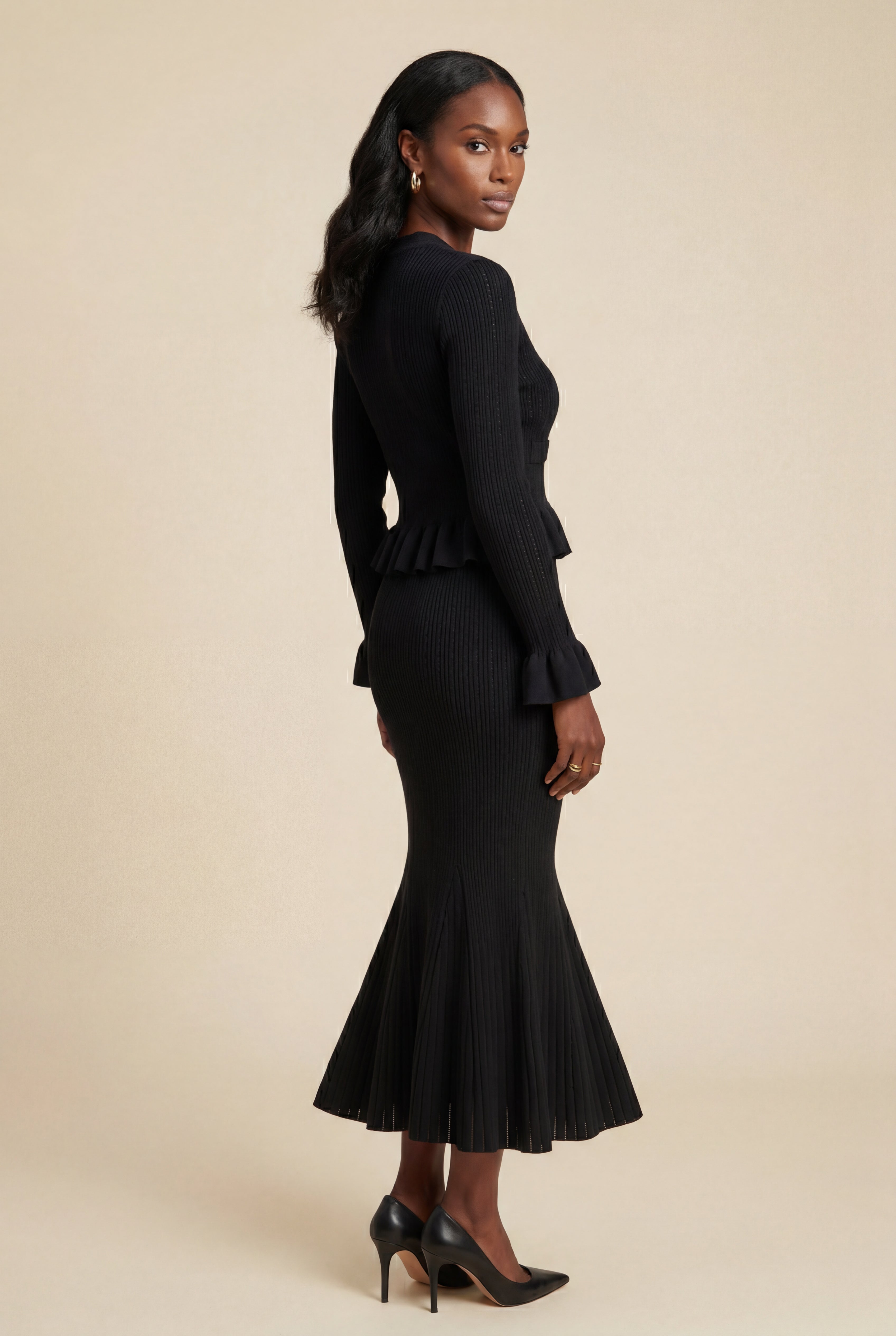 Liorabelle – Ribbed Peplum Cardigan and Fluted Midi Skirt Set