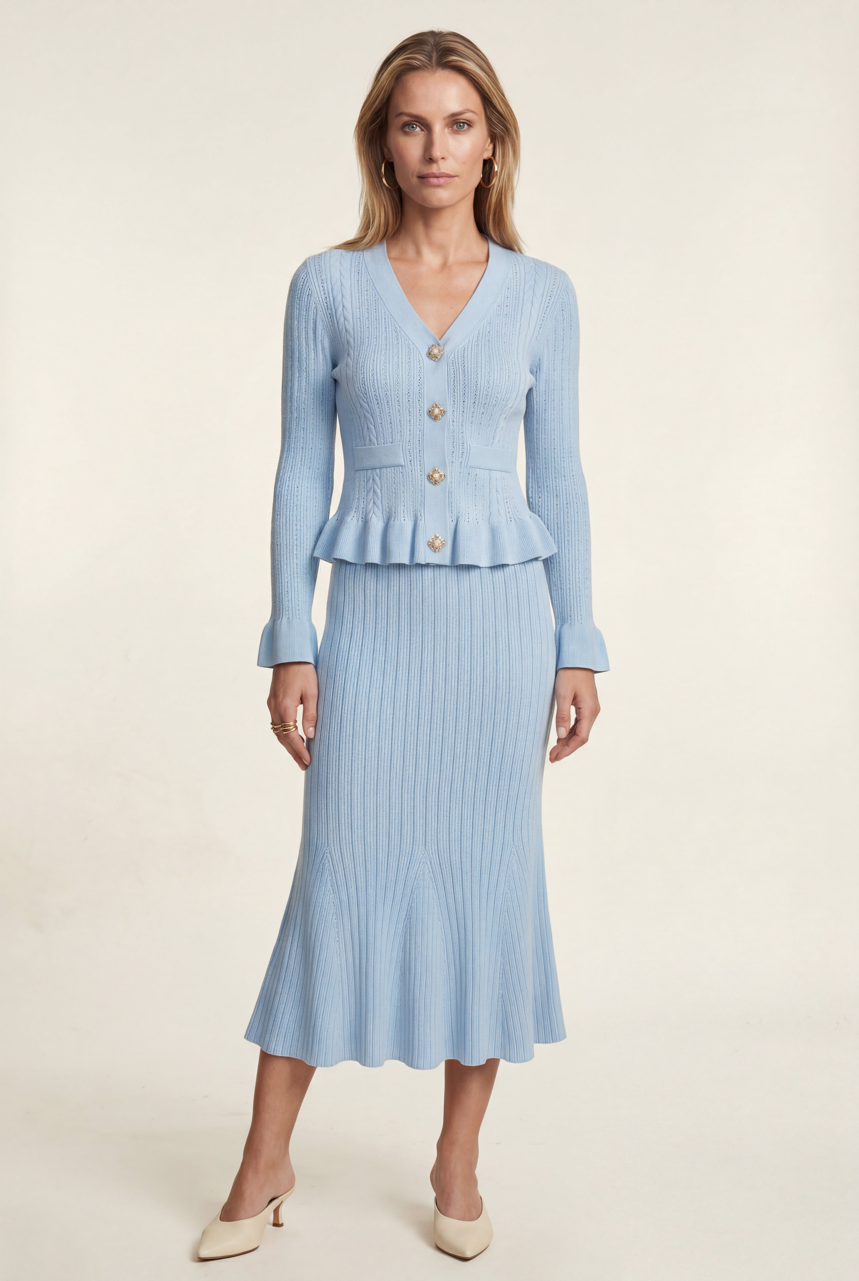 Liorabelle – Ribbed Peplum Cardigan and Fluted Midi Skirt Set