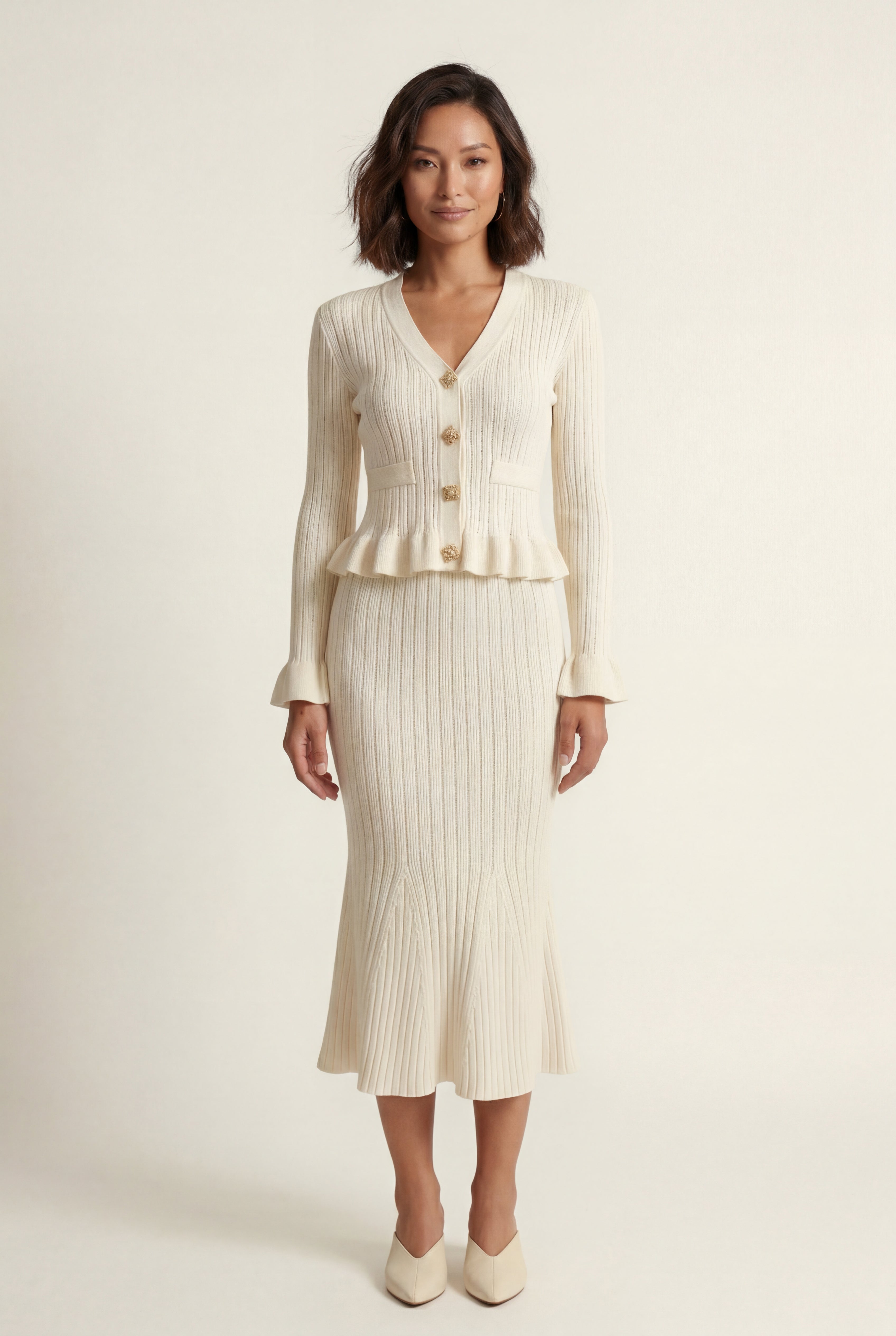 Liorabelle – Ribbed Peplum Cardigan and Fluted Midi Skirt Set